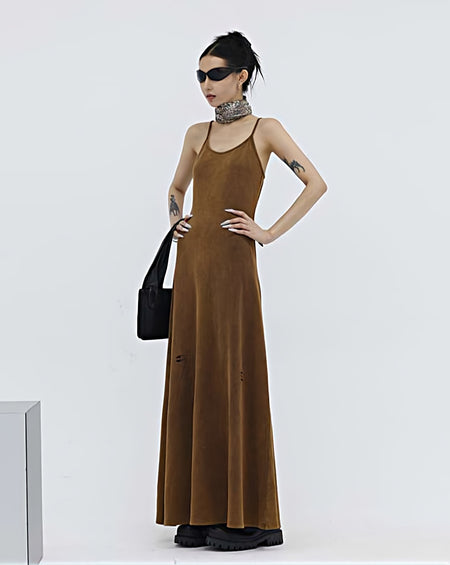 Slim Scoop-Neck Classic Distressed Maxi Dress
