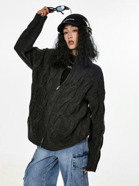 Ribbed Trim Cable Knit Pattern Zip Jacket