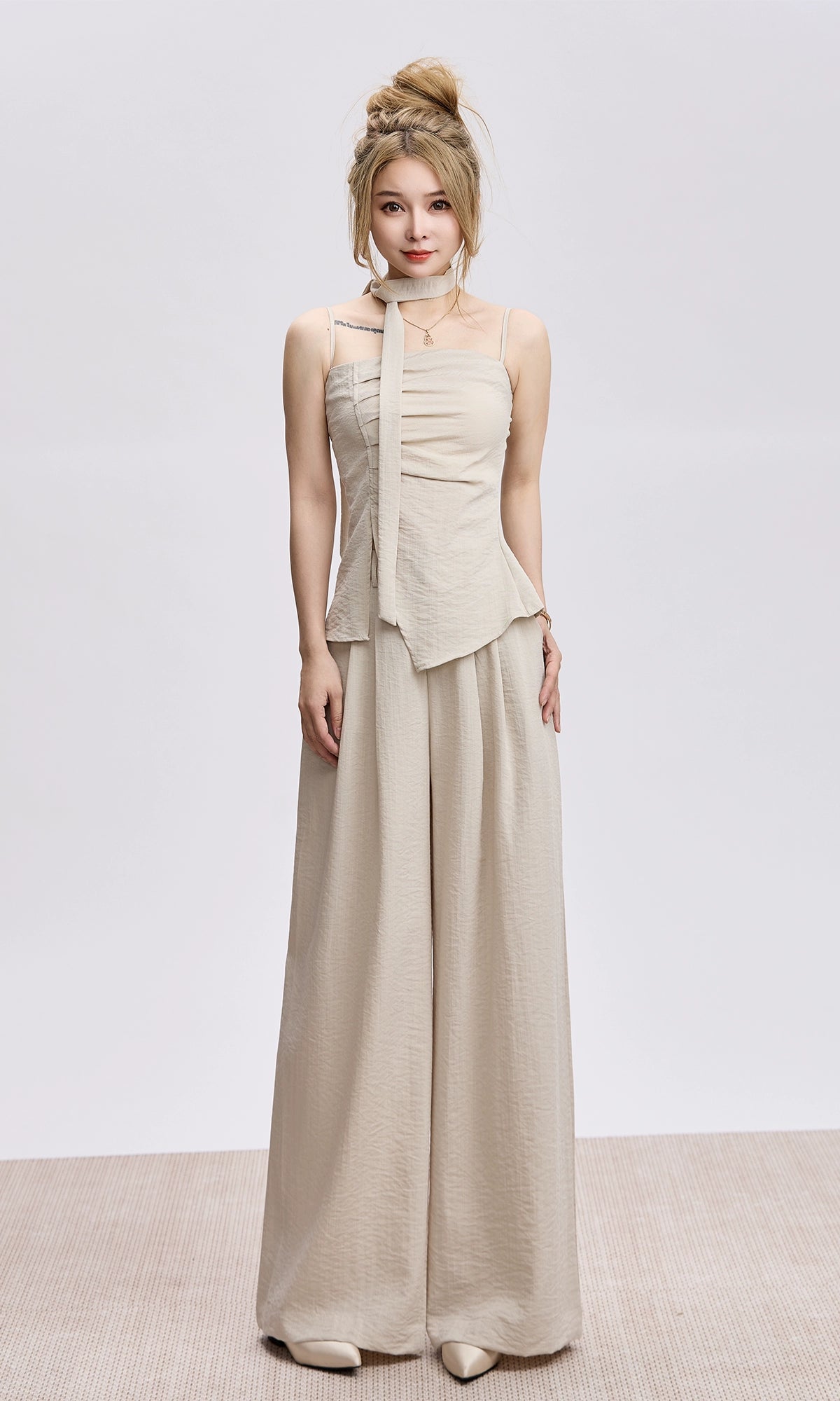 Adjustable Strap Ruched Top with Side Slit and Wide Leg Pleated Pants Two-Piece Set
