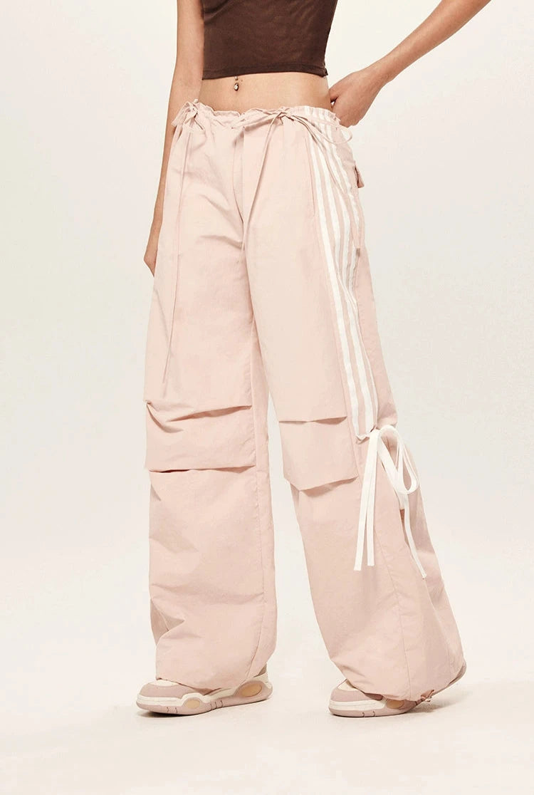 Side Stripe Parachute Pants with Ribbon Details