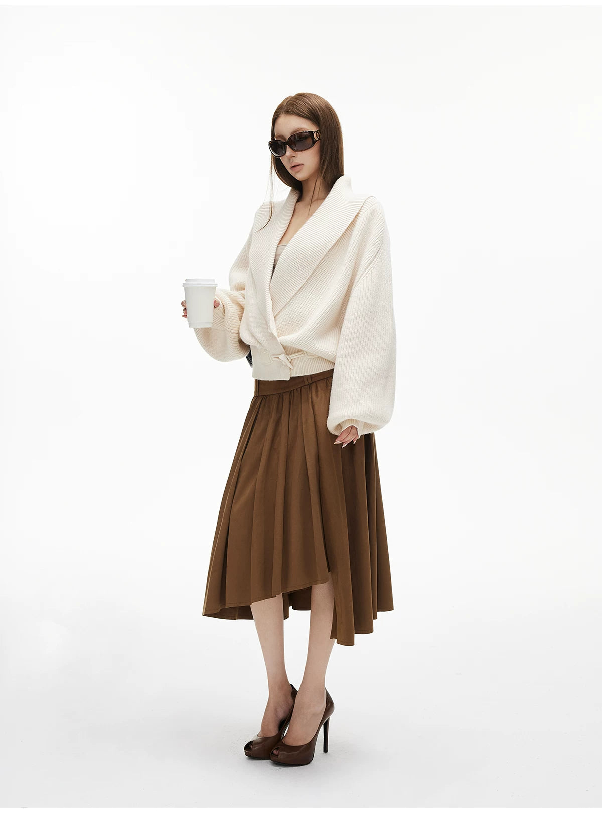Asymmetric Tier-Pleated Suede Midi Skirt - nightcity clothing