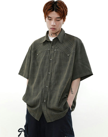 Oversized Plaid Button-Up Short Sleeve Shirt - nightcity clothing