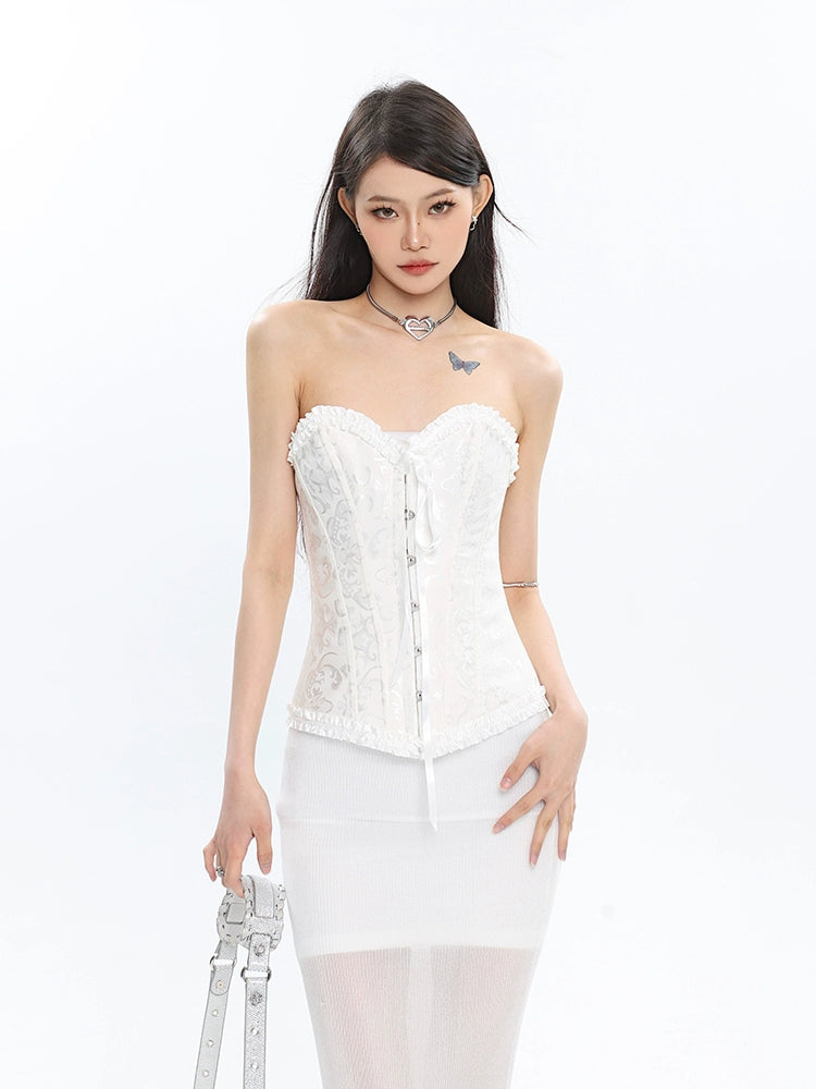 Corset Top with Feather Detail and Tulle Peplum