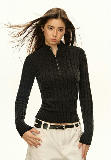 Cable Knit Half Zip Lightweight Mock-Neck Sweater - nightcity clothing