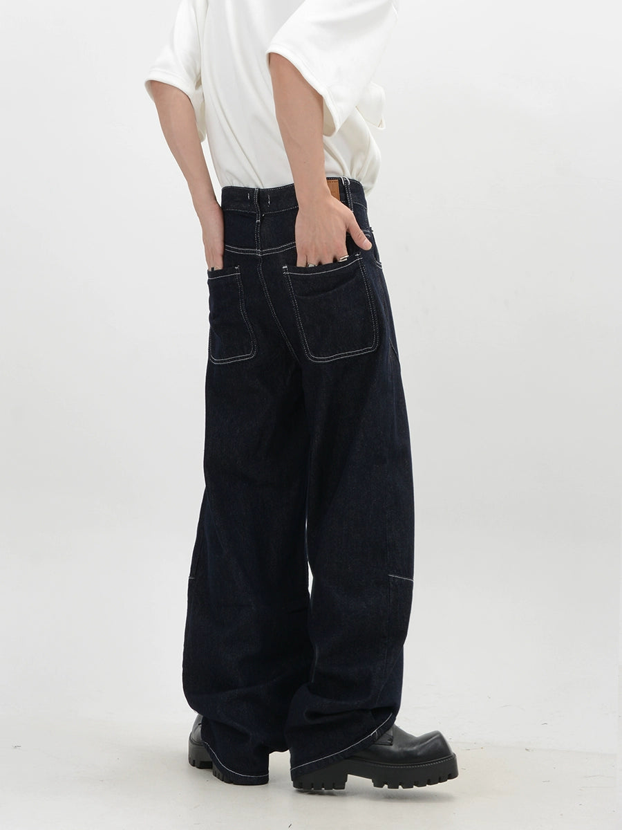 Contrast Stitch Wide Leg Denim Jeans