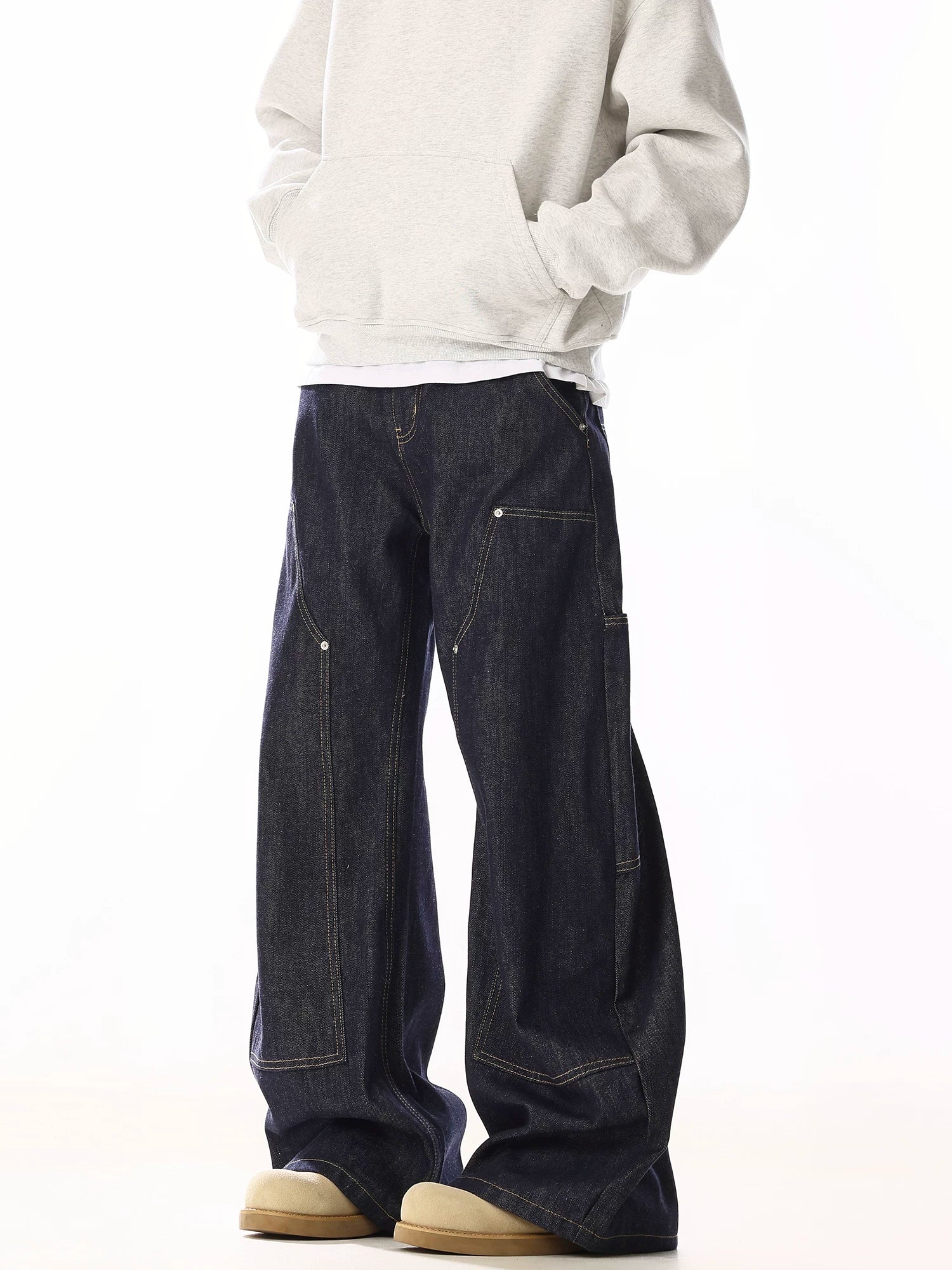 Rivet Detail Wide Leg Contrast Stitch Utility Jeans