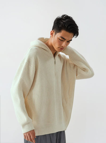 Ribbed Half Zip Knit Hoodie