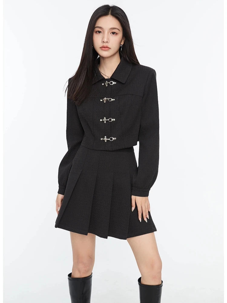 Boxy Collared Crop Jacket with Fireman Buckles and Mini Skirt Two-Piece Set