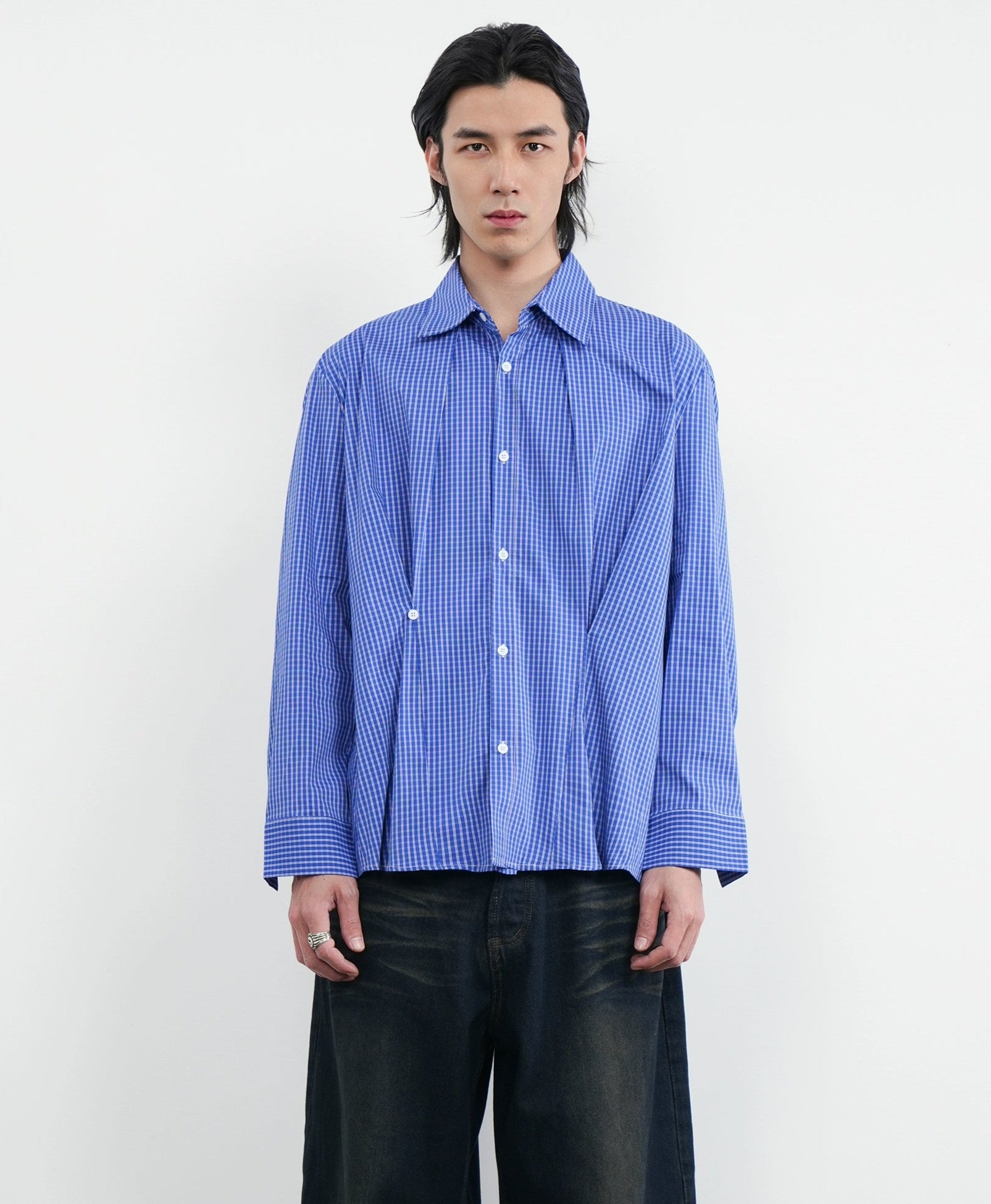 Gingham Long Sleeve Shirt  with Pleat Details