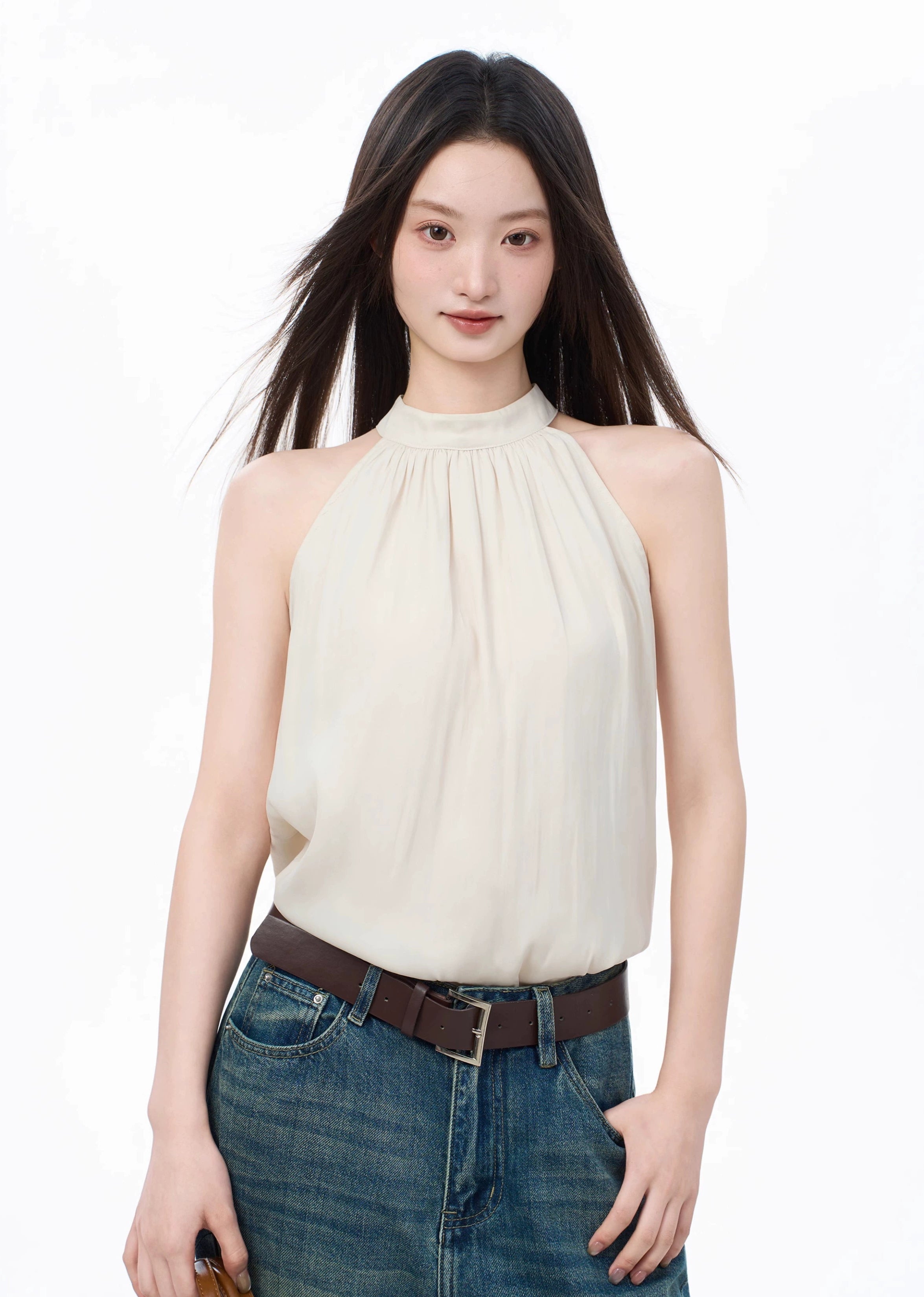 Sleeveless Pleated Mock Neck Halter Blouse