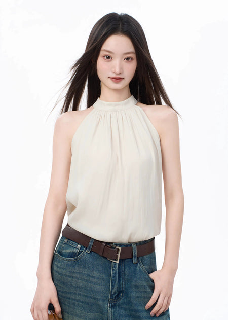 Sleeveless Pleated Mock Neck Halter Blouse