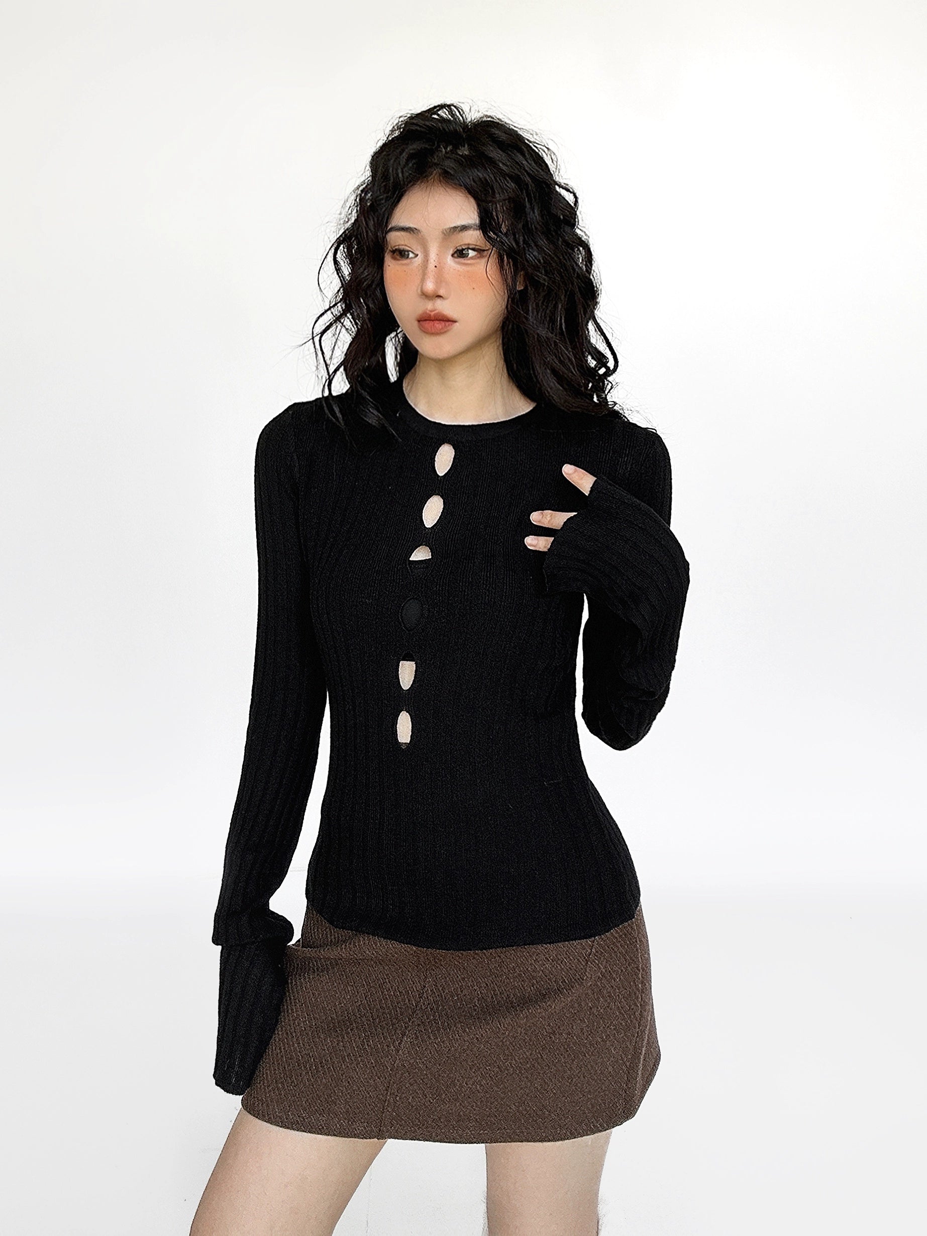 Flare Long Sleeve Ribbed Knit Top with Cutouts