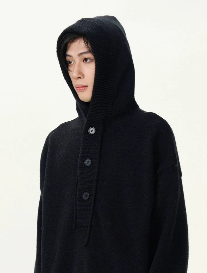 Textured Half Button Ribbed Hem Knit Hoodie Textured Half Button Ribbed Hem Knit Hoodie
