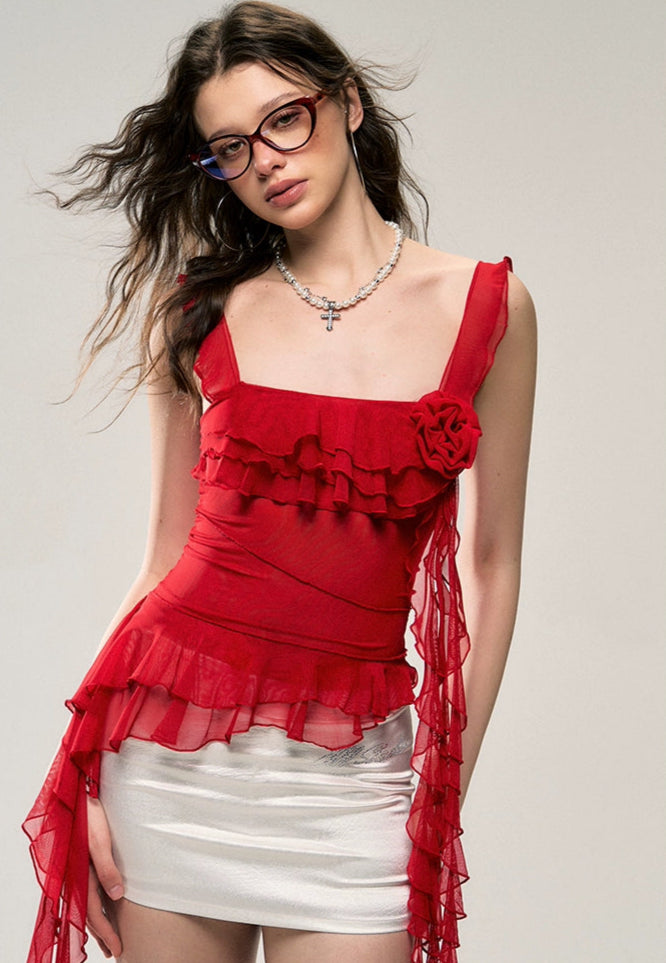 Asymmetric Hem Ruffled Sleeveless Top with Floral Accent