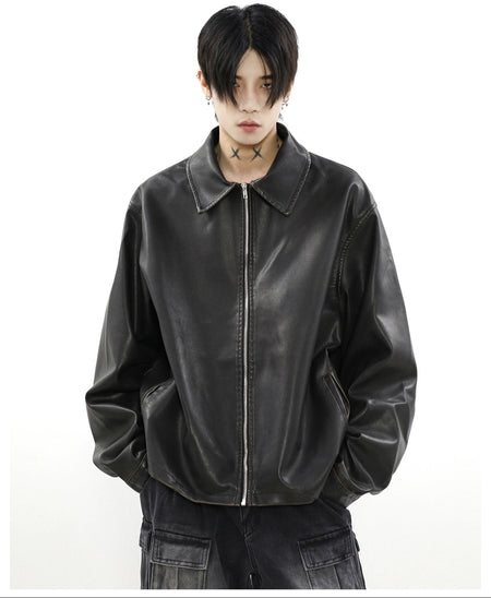 Oversized Faux Leather Collared Zip-Through Jacket - nightcity clothing