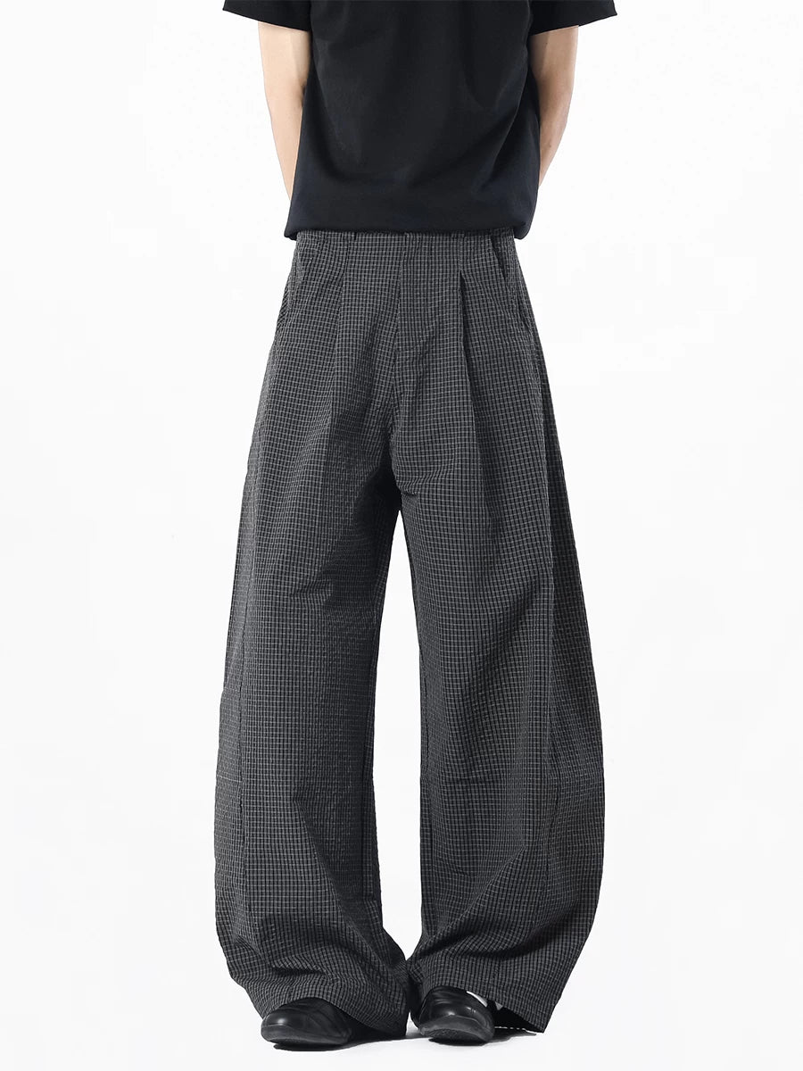 Wide Leg Lightweight Pleated Checkered Trousers