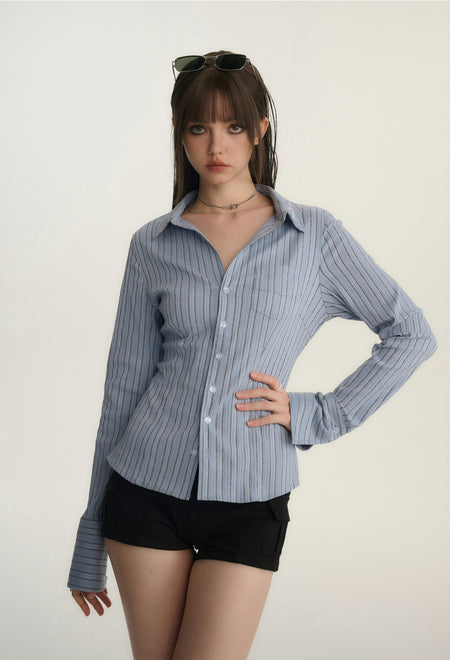 Button-Up Long Sleeve Blouse with Pocket - nightcity clothing