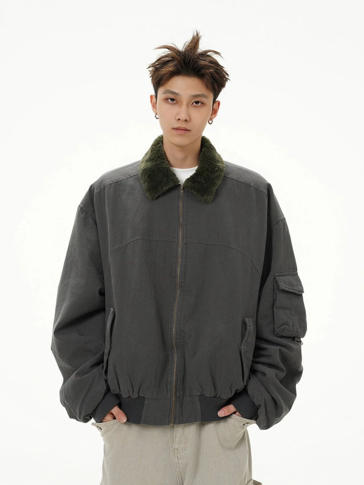 Fleece Lined Collar Zip-Up Bomber Jacket