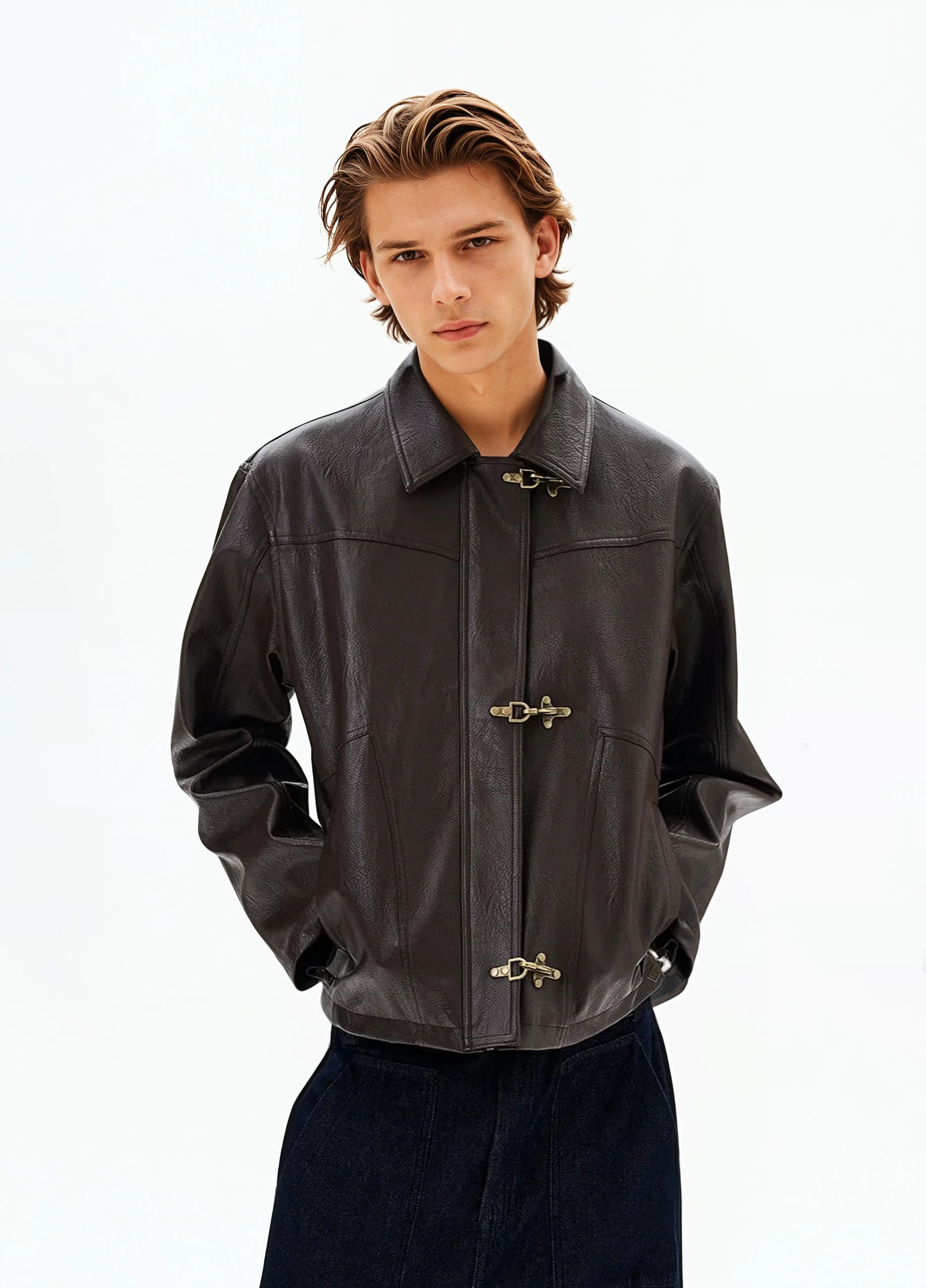 Fireman Buckle Mid-Crop Faux Leather Jacket
