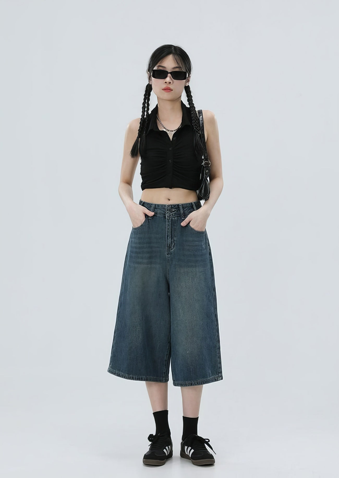 Denim Culotte Capri Shorts with Back Pocket Detail