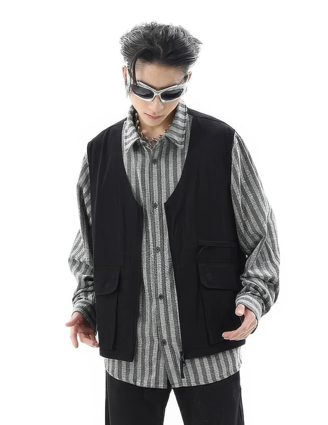 Striped Mock Layered Vest Long Sleeve Shirt