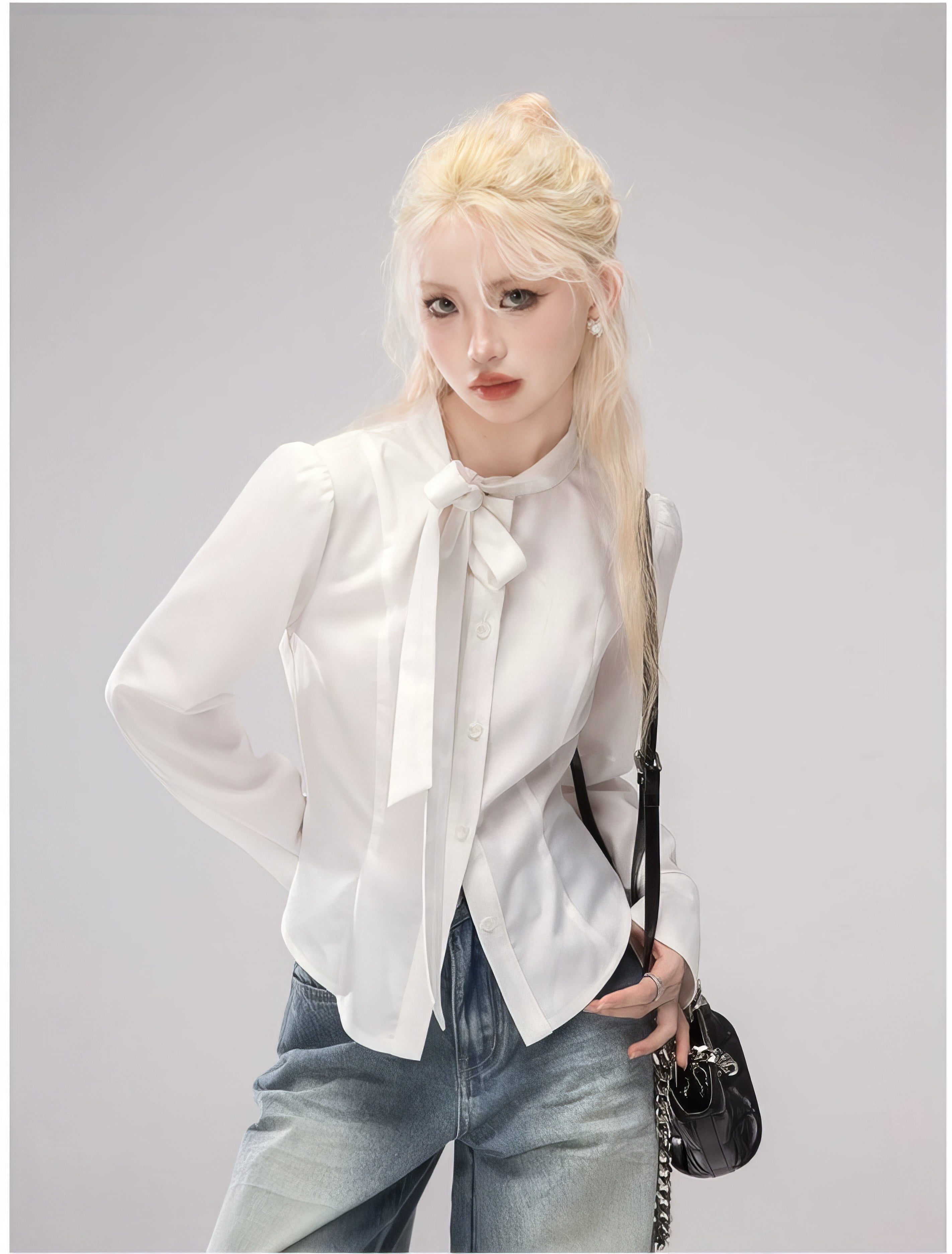 Slim Mid-Crop Shirt Blouse with Tie-Neck