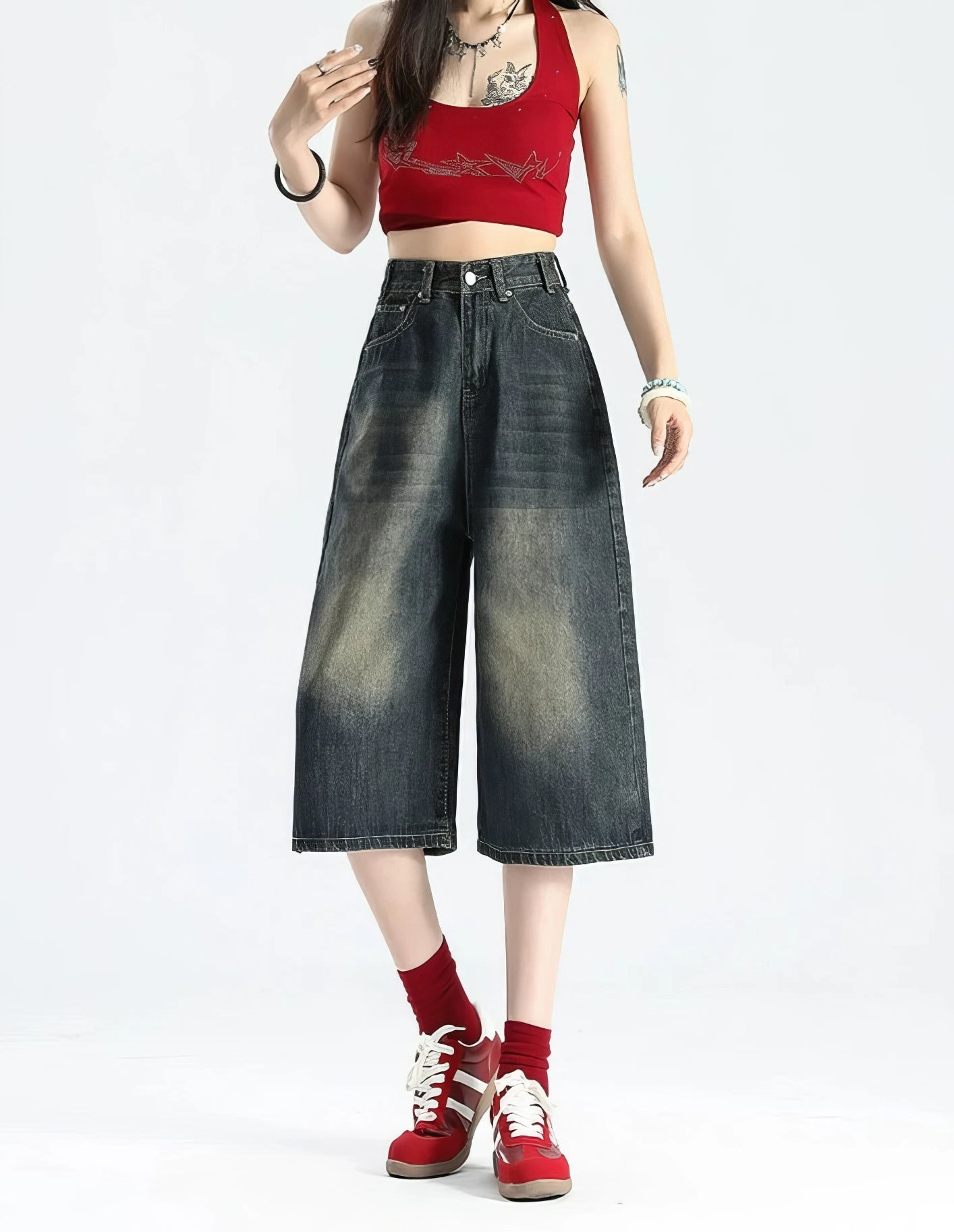 Faded Wide-Leg Denim Bermuda Capri Culotte Shorts