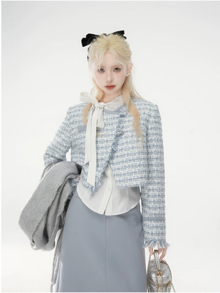 Slim Tweed Crop Jacket with Frayed Hem - nightcity clothing