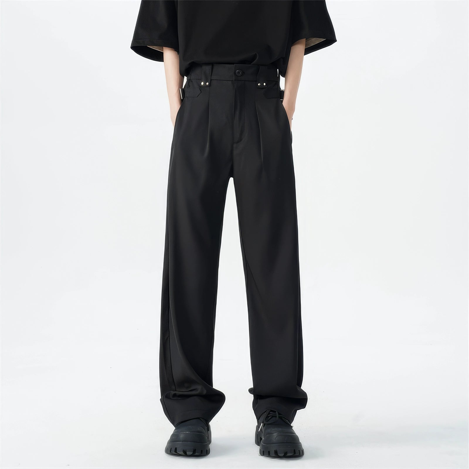 Belted Pleated Lightweight Trousers with Side Pockets