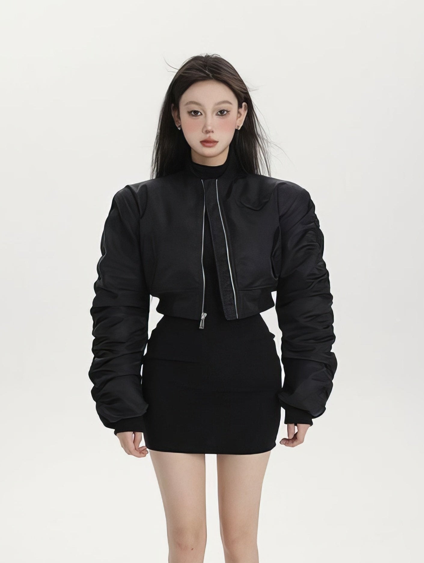 Puffer Ruched Sleeve Cropped Bomber Jacket