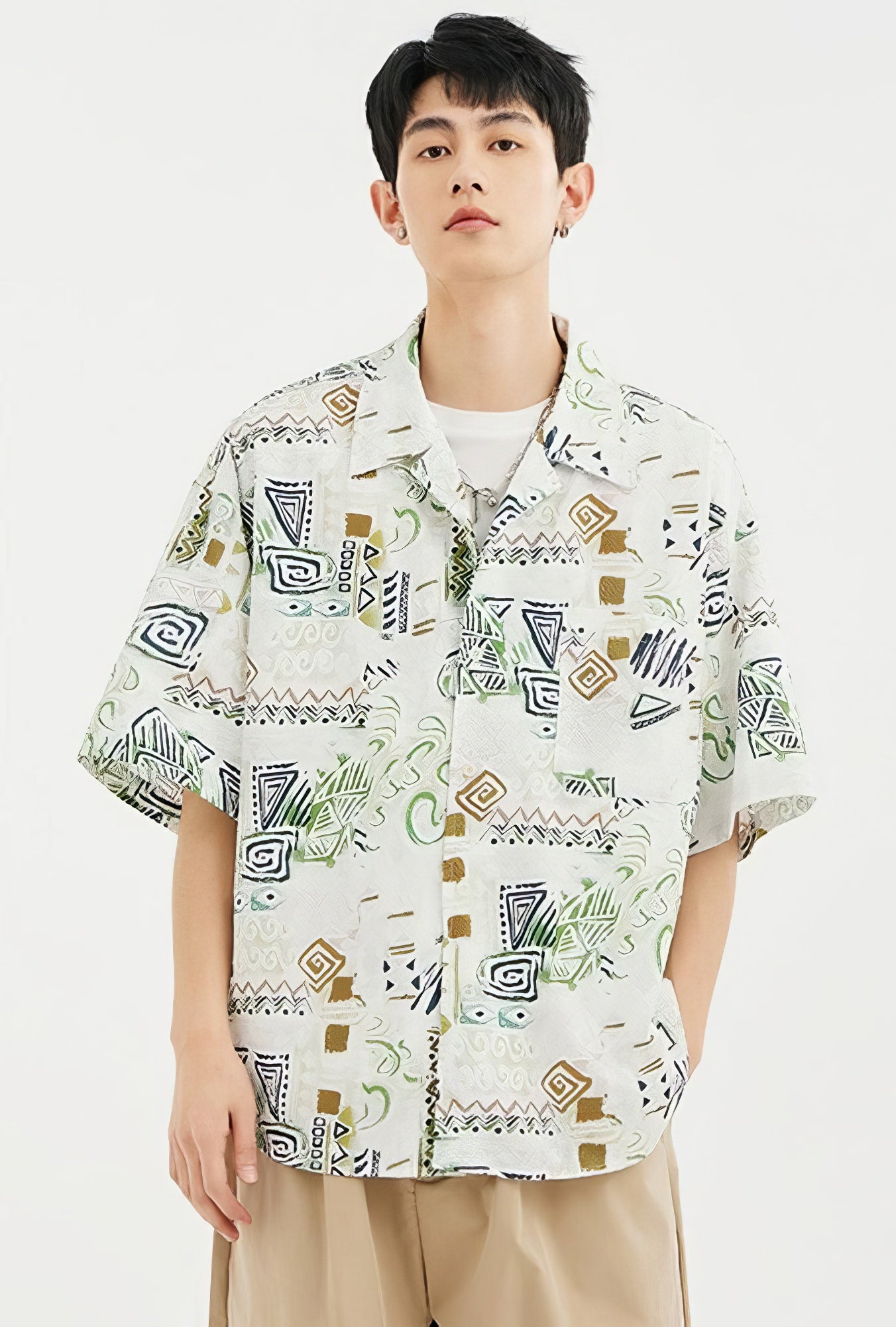 Ethnic Print Short Sleeve Button-Up Shirt