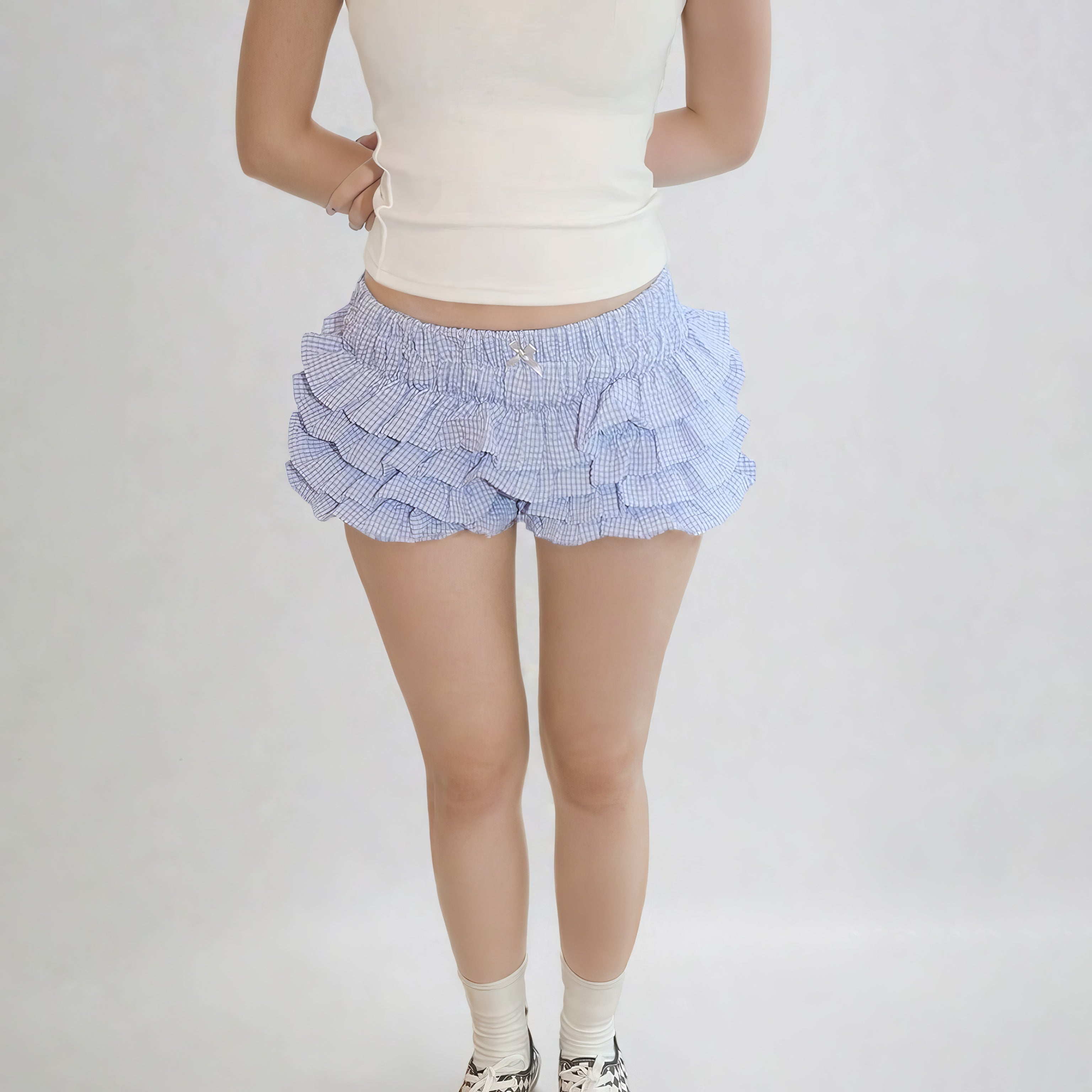 Ruffled Gingham Print Elastic Bloomer Shorts