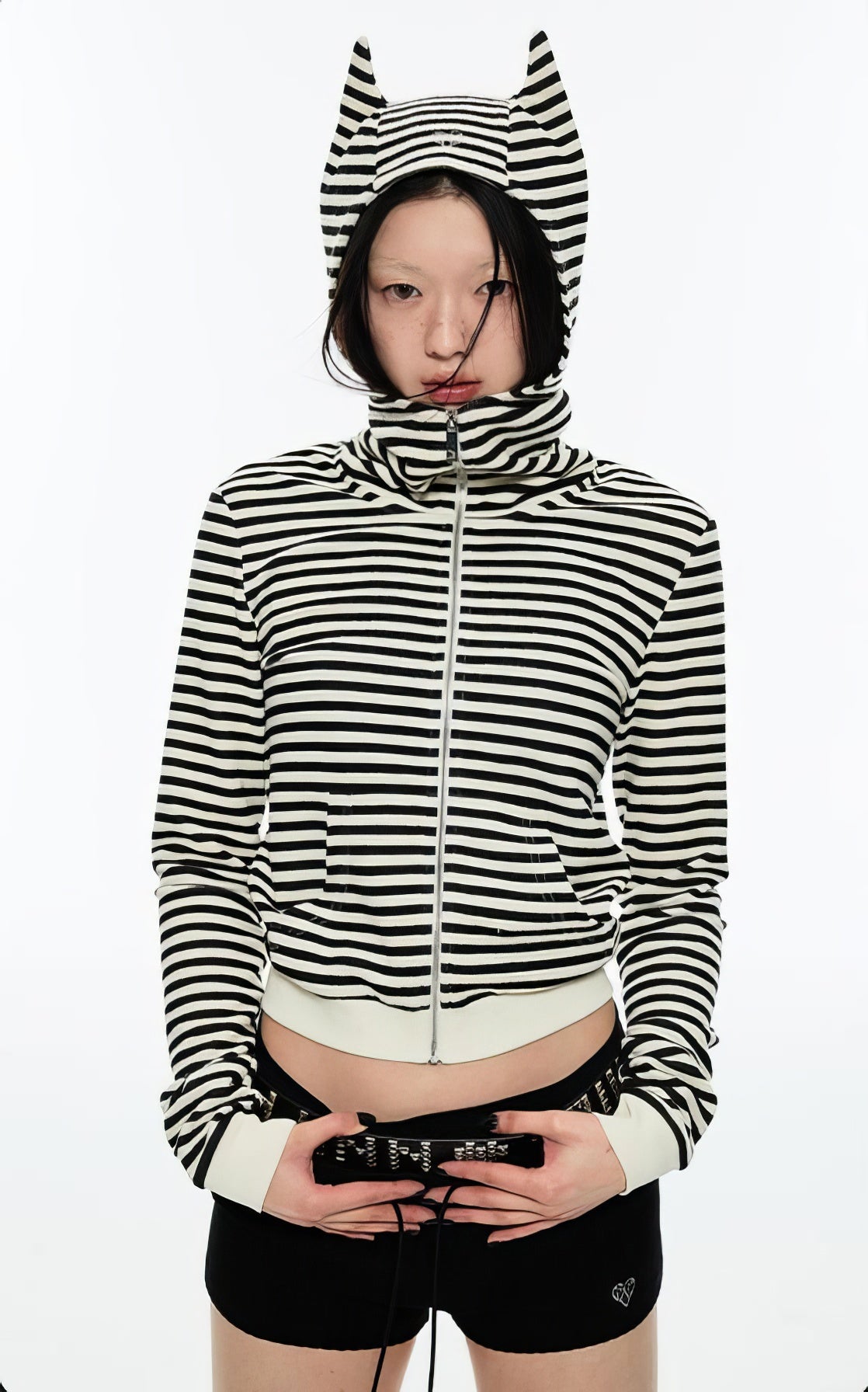 Striped Hoodie with Ear Detail and Zip Front