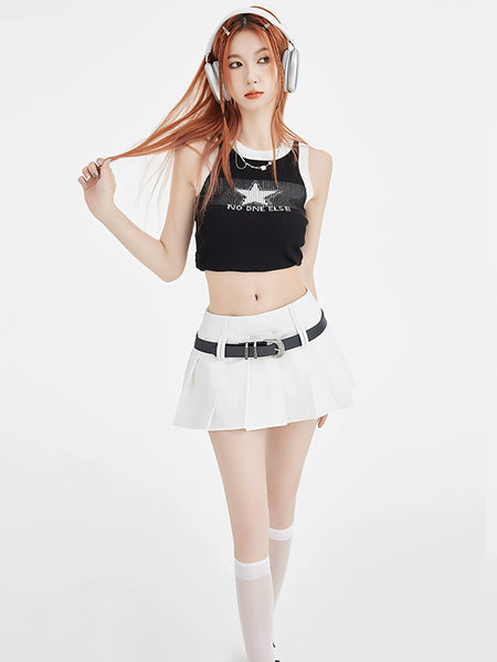 Pleated A-Line Mini Skirt with Belt Detail