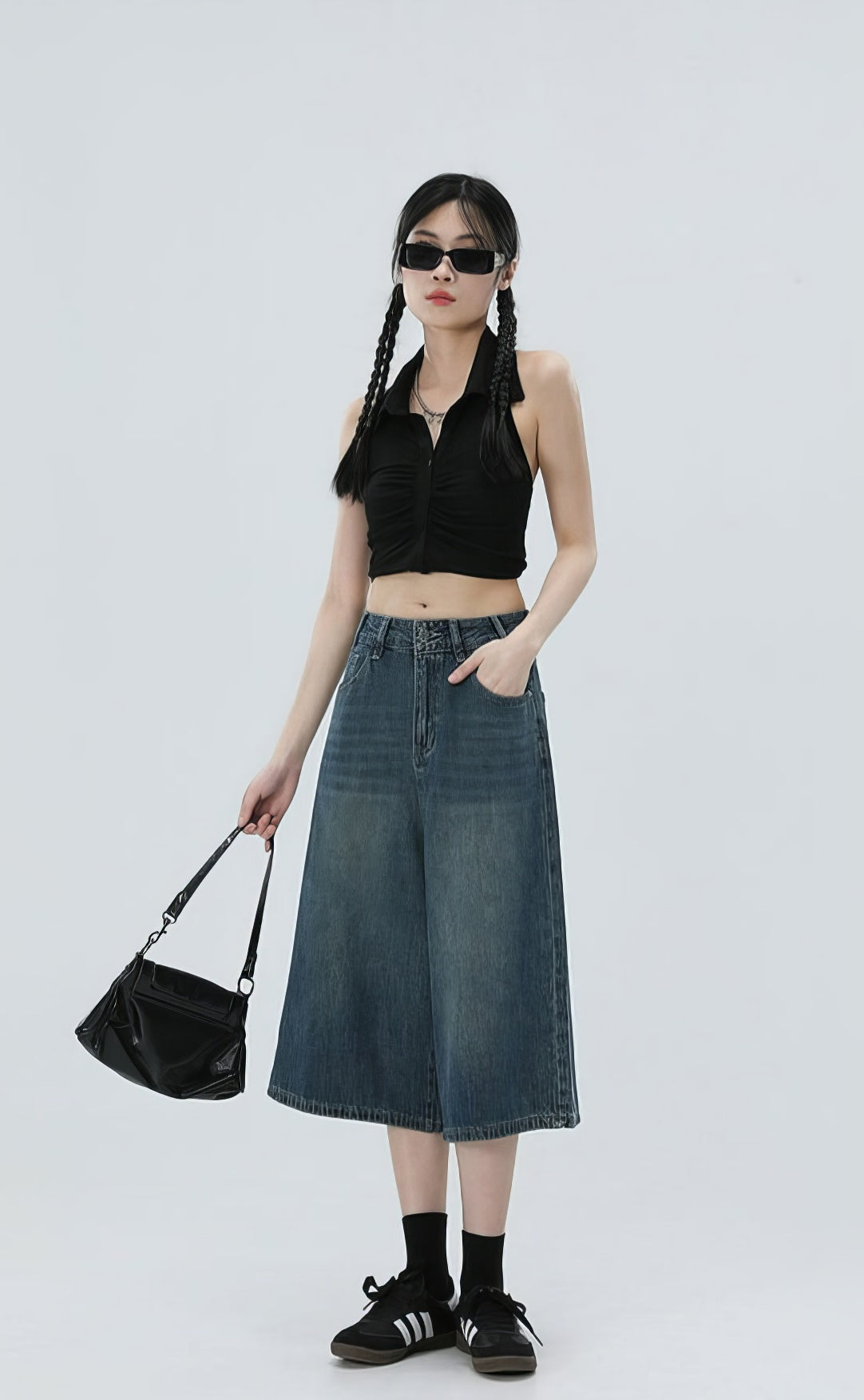 Denim Culotte Capri Shorts with Back Pocket Detail