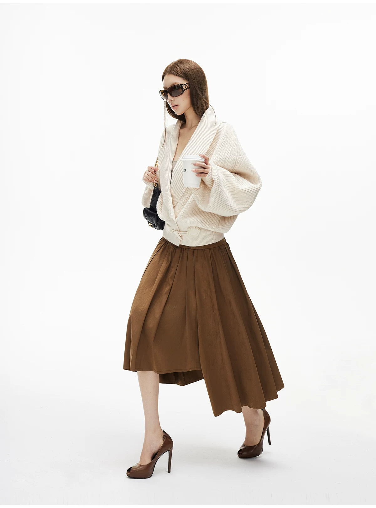 Asymmetric Tier-Pleated Suede Midi Skirt - nightcity clothing