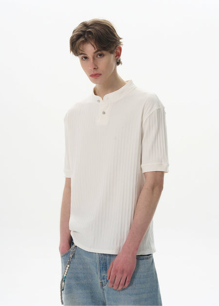 Ribbed Henley Collar Short Sleeve Knit Top