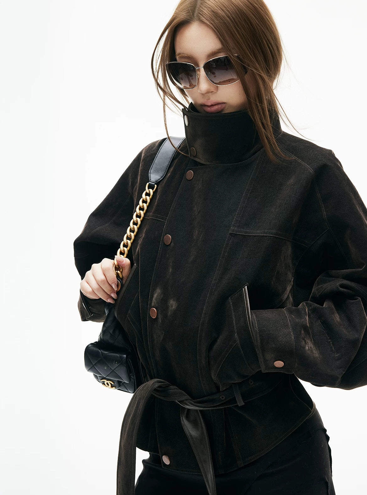 Faux Leather Lining Denim Jacket with Belt - nightcity clothing