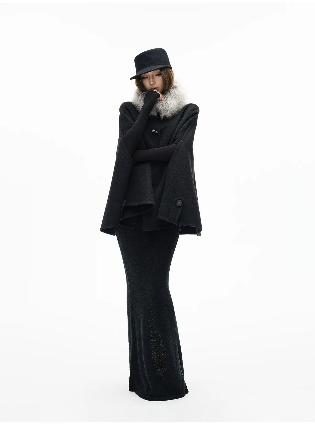 Faux Fur Collar Oversized Poncho Pullover - nightcity clothing