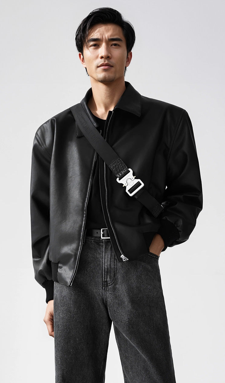 Faux Leather Zip-Through Collared Cuffed Jacket