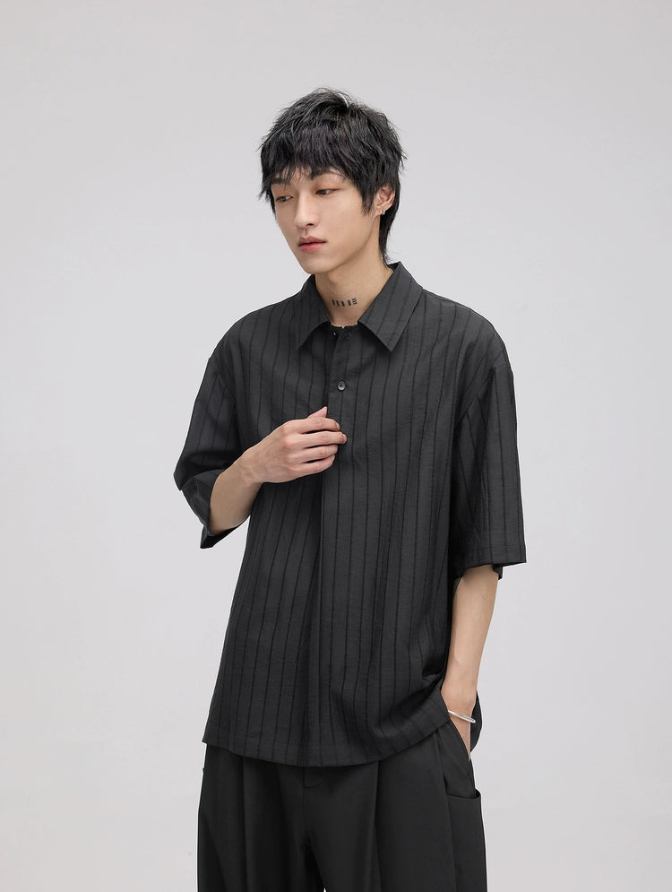 Pinstripe Drop Shoulder Half-Button Collared Shirt