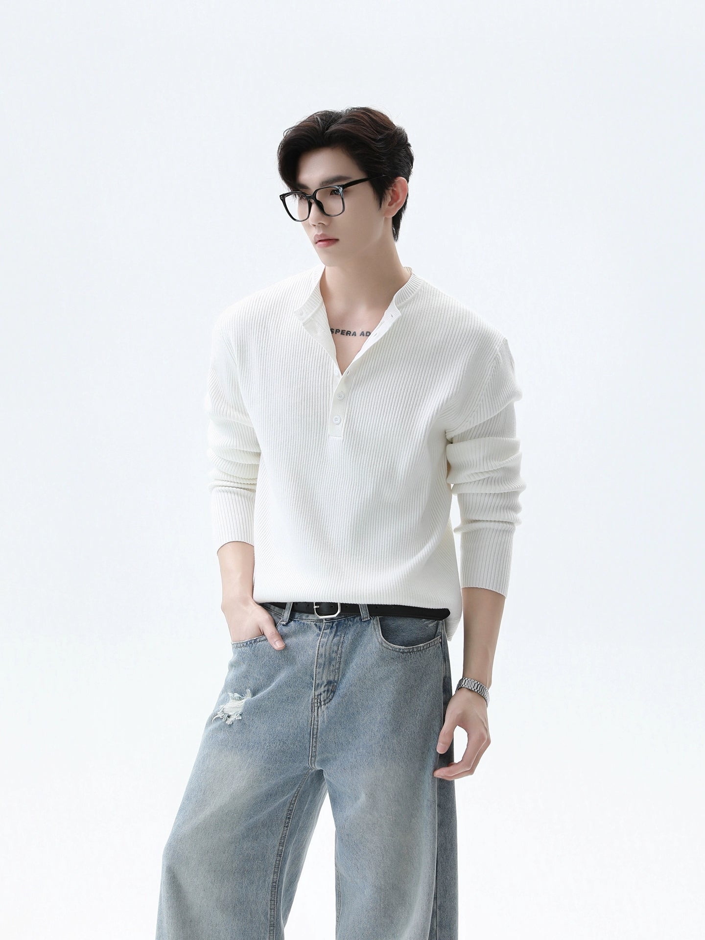 Ribbed Knit Henley Sweatshirt with Button Neckline