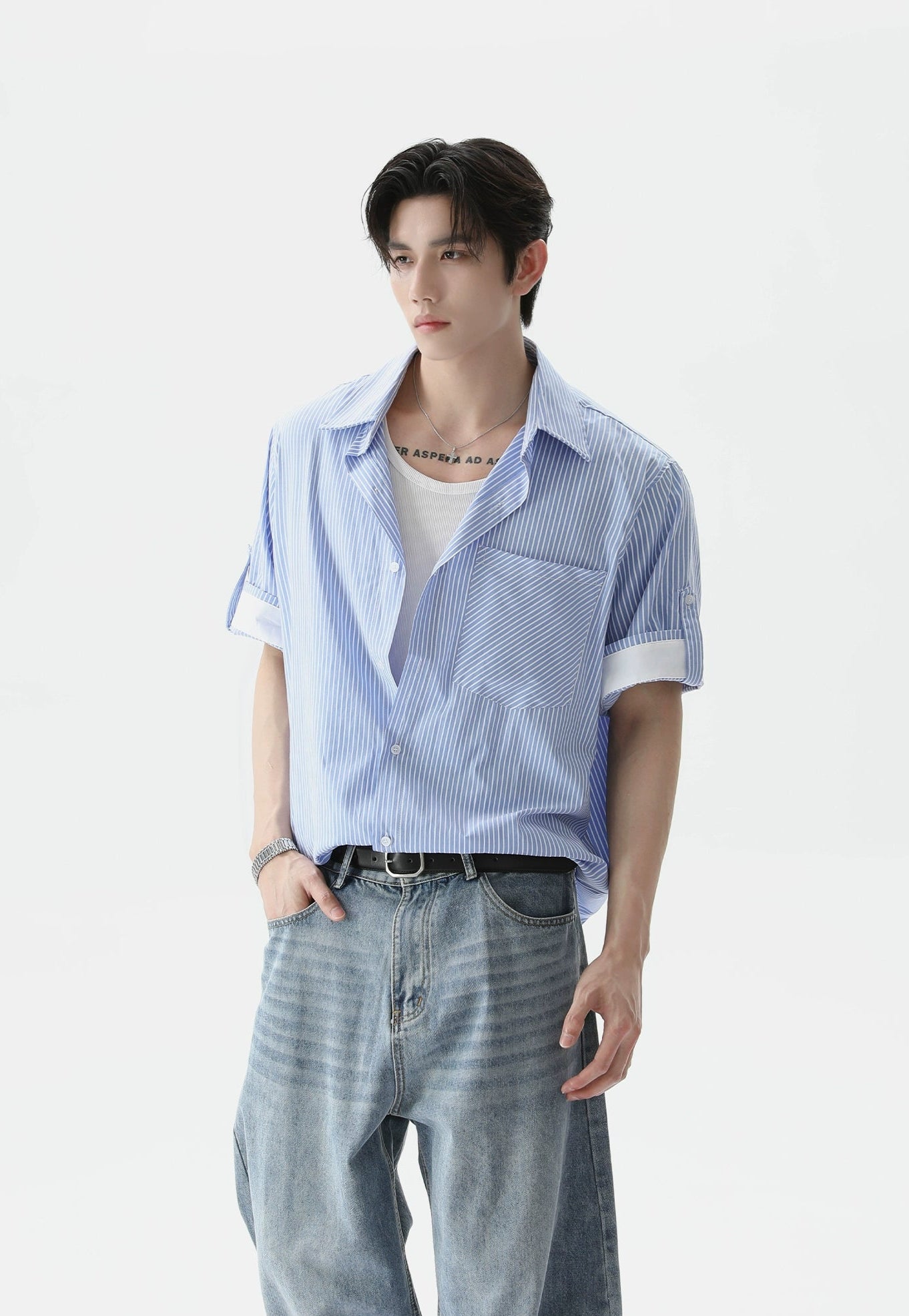 Pinstripe Contrast Short Sleeve Trim Button Shirt