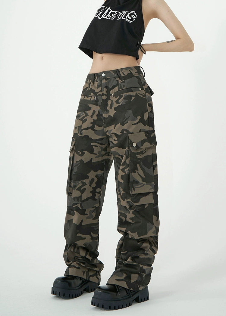 High Waist Camo Cargo Pants with Pockets