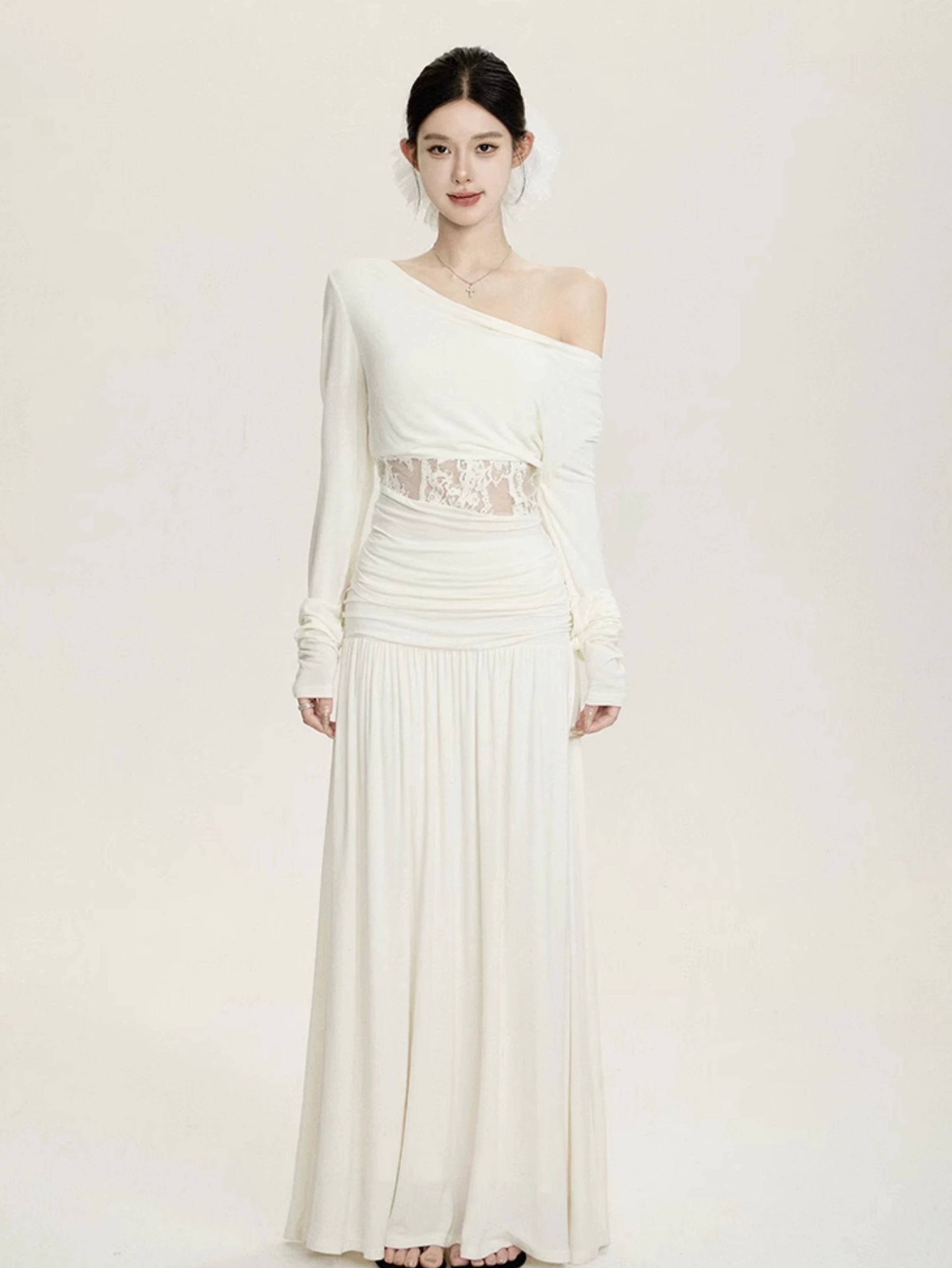 Off Shoulder Lace Panel Top and Ruched Waist Maxi Skirt Two-Piece Set