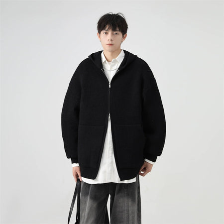 Ribbed Knit Zip-Up Hoodie with Oversized Pockets