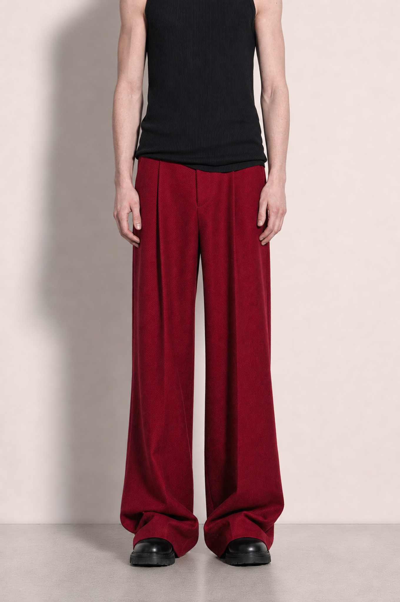 Wide Leg Trousers in Red – styled with tank