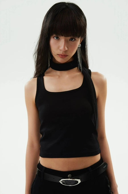 Ribbed Halterneck Crop Top with Choker-Scarf Neckline