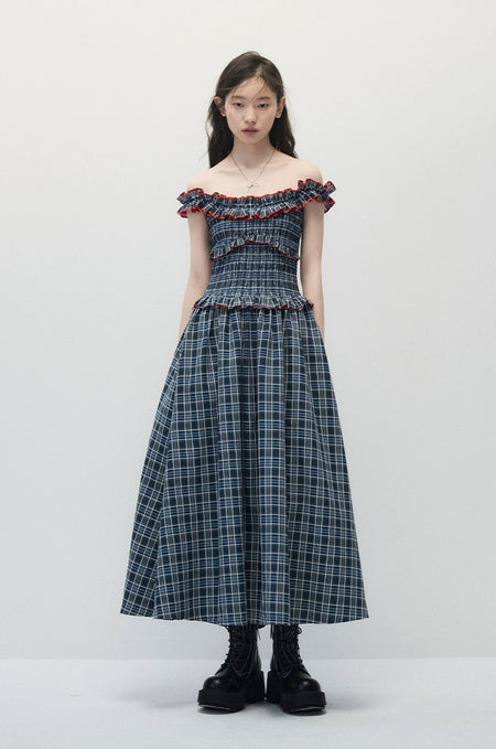 Smocked Plaid Maxi Dress with Ruffle Trim
