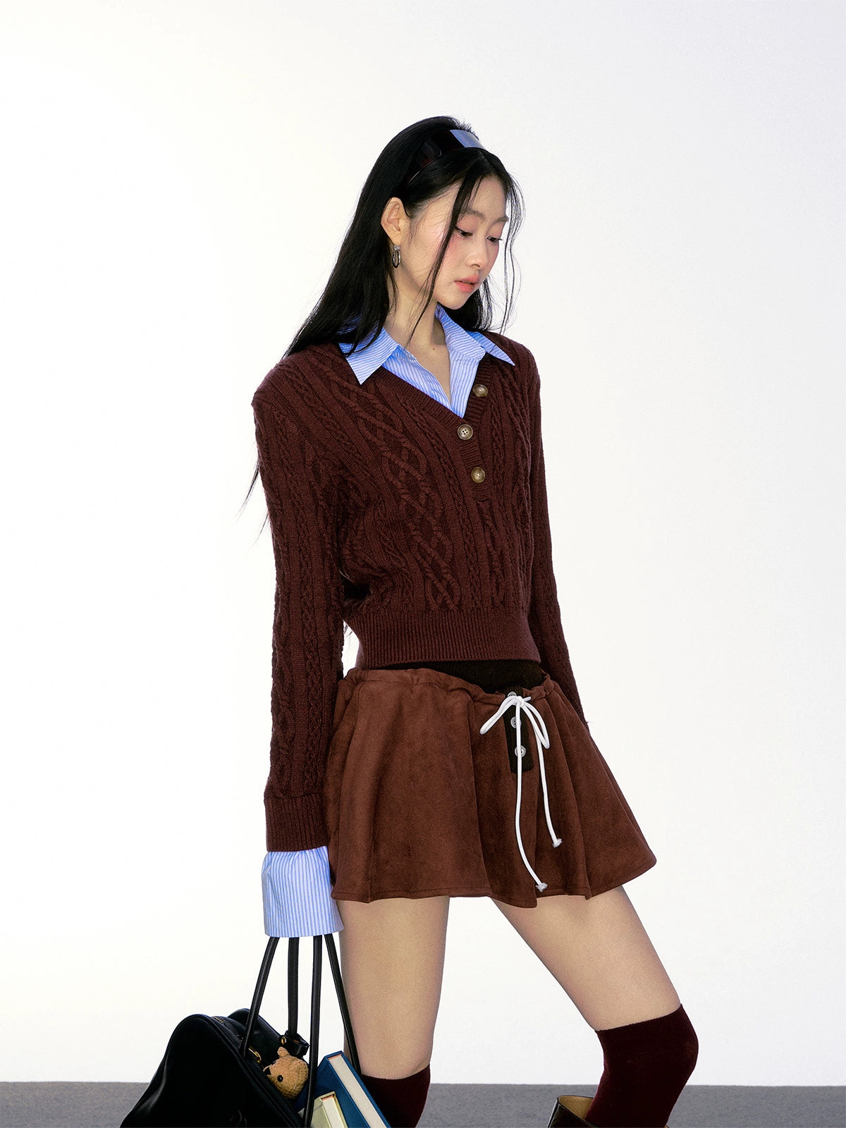 Mock Shirt-Collar Cable Knit Half Button Sweater